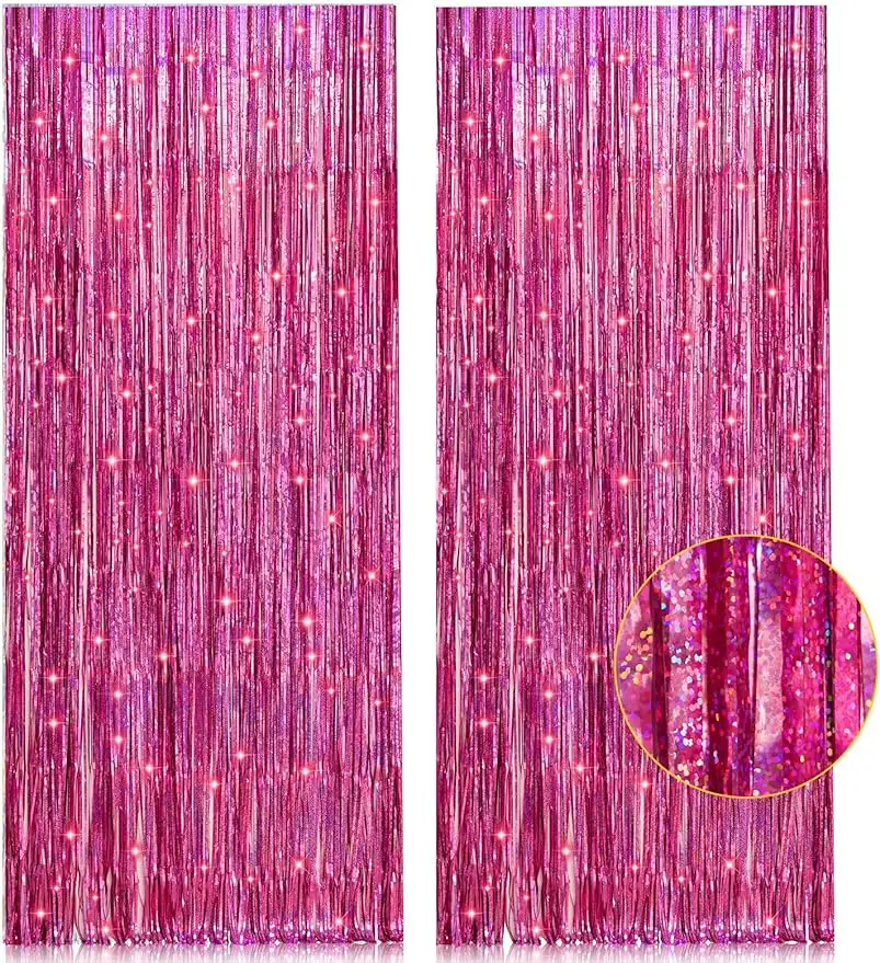 2 paket 3.3.x 8.pink pembe metalik Tinsel folyo saçak perdeler zemin için pembe parti doğum günü düğün Bachelorette bebek duş