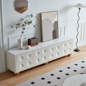 Mueble de TV Estilo Francés Color Crema, Minimalista, de Pie, Diseño Retro, Mueble de Almacenamiento para Sala de Estar - Product Image 1