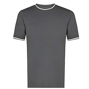 เสื้อยืดแขนสั้นสีเทาเข้มสำหรับผู้ชาย ผ้าฝ้าย 100% คอกลม แต่งขอบตัดกัน ทรงปกติ สวมใส่สบาย สีพื้น ผ้าถัก - Product Image 1