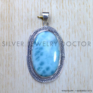 Pierre précieuse Larimar taille ovale naturelle gros pendentifs en argent serti de lunette en argent Sterling 925 gros pendentifs fins cadeau pour elle - Product Image 2