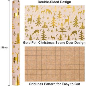 Yarcony Kraft Christmas <b>Wrapping</b> <b>Paper</b> Ivory Gold Foil Tree Deer Theme 17 In X 33 Ft Roll Gift Craft Recyclable - Product Image 3