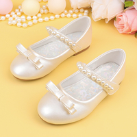 Chaussures plates Mary Jane pour filles, en PU perlé champagne, avec nœud et bride perlée, idéales pour cérémonies de mariage et robes de princesse - Vente en gros usine