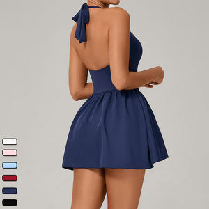 Falda de tenis para <span class=keywords><strong>mujer</strong></span> con conjuntos deportivos desnudos transpirables incorporados para correr al aire libre Fitness vestido con cordones Halter con bolsillos - Product Image 5