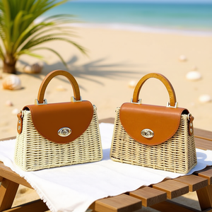 Sac à main rigide en paille tressée BOLSOS 14x22.5x7cm avec poignée, style été - Product Image 2