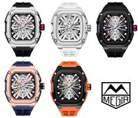 Reloj Mecánico Automático MEGIR 8607 Oficial para Hombre, Diseño Tonneau, Doble Esqueleto, Resistente al Agua, Reloj Masculino Moderno
