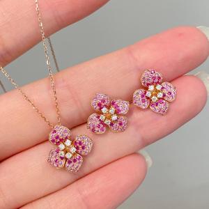 Ensemble de bijoux Xinfly pour enfants en or massif 18 carats avec saphir rose naturel et diamants, pendentif trèfle, boucles d'oreilles, cadeau romantique AU750 - Product Image 3