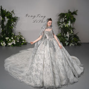 GT174 Vestido de Novia Moderno y Lujoso, Color Caramelo, con Cristales Brillantes, Cola de Capilla, Largo hasta el Suelo, Vestidos de Novia - Product Image 1