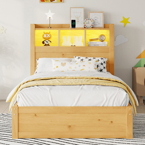 Lit simple pour enfants avec éclairage et tiroirs de rangement, style nordique, en bois massif, couleur blé, pour chambre d'enfant - Product Image 1