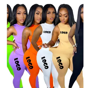 Jogo de roupas femininas para jogging, top + calças compridas 2 peças, novo design personalizado, cor sólida, cor plus de verão, preço de atacado