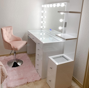 <strong>White</strong> Modern Vanity <strong>Table</strong> with LED Hollywood Mirror Drawers, Makeup Desk with Charging Station for <strong>Small</strong> Bedroom - Product Image 5
