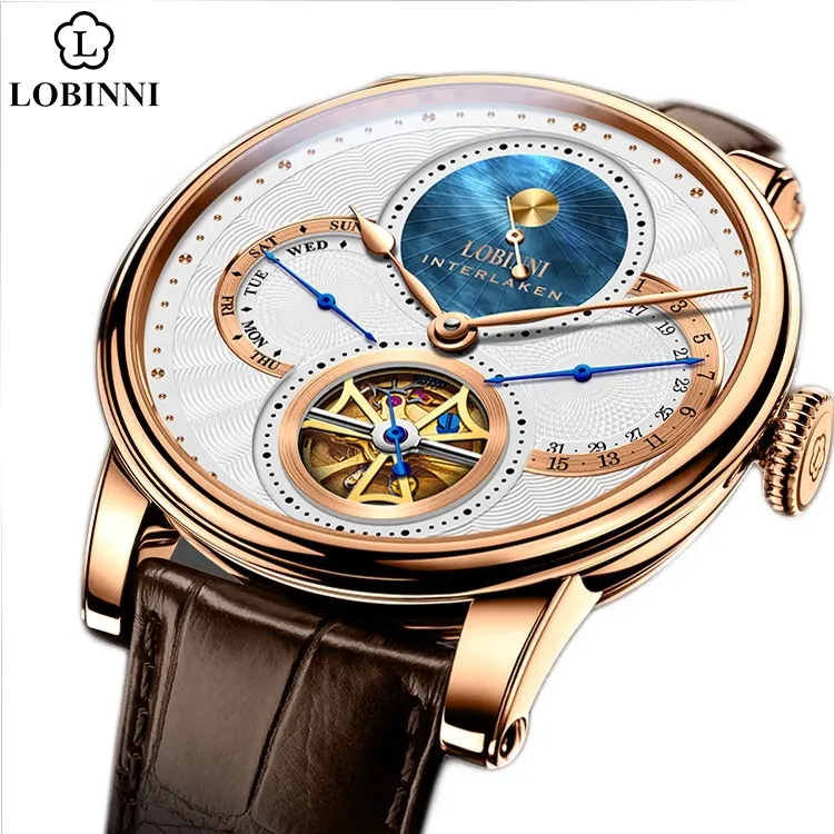 Lobinni 16015 Brown Leather Skeleton Watch For Men Date 24 Hours Automatic Mechanical Wrist Hand Watch