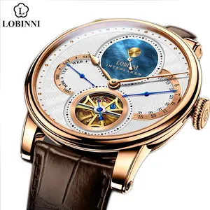 Lobinni16015男性用ブラウンレザースケルトンウォッチ日付24時間自動機械式腕時計