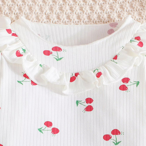 Ensemble décontracté deux pièces pour bébé fille, printemps-automne, tissu en spandex/polyester, haut à manches longues à rayures, pantalon à imprimé cerise - Product Image 4