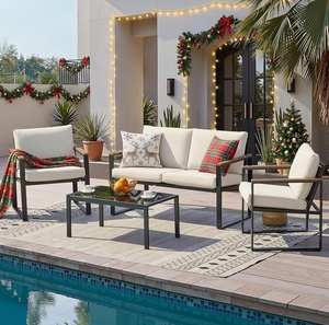 Elegant 3-Piece Wicker Patio Conversation Set with Square <b>Bistro</b> <b>Table</b> with End <b>Table</b> Waterproof Garden Sofa Set - Product Image 1