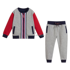 Custom Fashion Apparel <strong>Boys</strong> Colorblock Bomber Tracksuit Set Grey <strong>Red</strong> Stripe Zip up Jacket &amp; Jogger Pants for Kids - Product Image 1