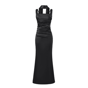 Women's <b>Satin</b> <b>Halter</b> Gown-Ruched Tie-Waist Formal Maxi Dress with a Scarf for Fashion - Product Image 2