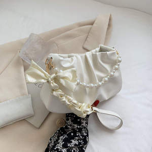 Sac à main pour femme en PU tendance avec décoration en perles et nœud, léger, fermeture éclair, couleur unie, sac à bandoulière pour femme - Product Image 1