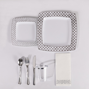 Disposable Plastic Plastic 175 Pack Disposable Silver Dinnerware Set Disposable Plastic Party Square Diamond Plates For Halloween Thanksgiving Christmas