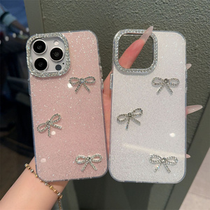 Custodia per telefono con fiocco <span class=keywords><strong>rosa</strong></span> glitterato di lusso per <span class=keywords><strong>iPhone</strong></span> 17 16 15 14 <span class=keywords><strong>Pro</strong></span> <span class=keywords><strong>Max</strong></span> Bling Sparkle Diamond <span class=keywords><strong>cover</strong></span> per cellulare per ragazze - Product Image 1