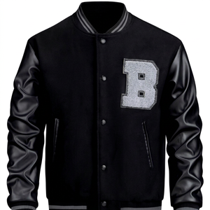 Chaqueta Letterman Negra para Hombre, con Logotipo B Bordado en Gris, Cierre de Botones, Cuello Camisero, Corte Regular, Estilo Casual, Lana, Servicio OEM - Product Image 1