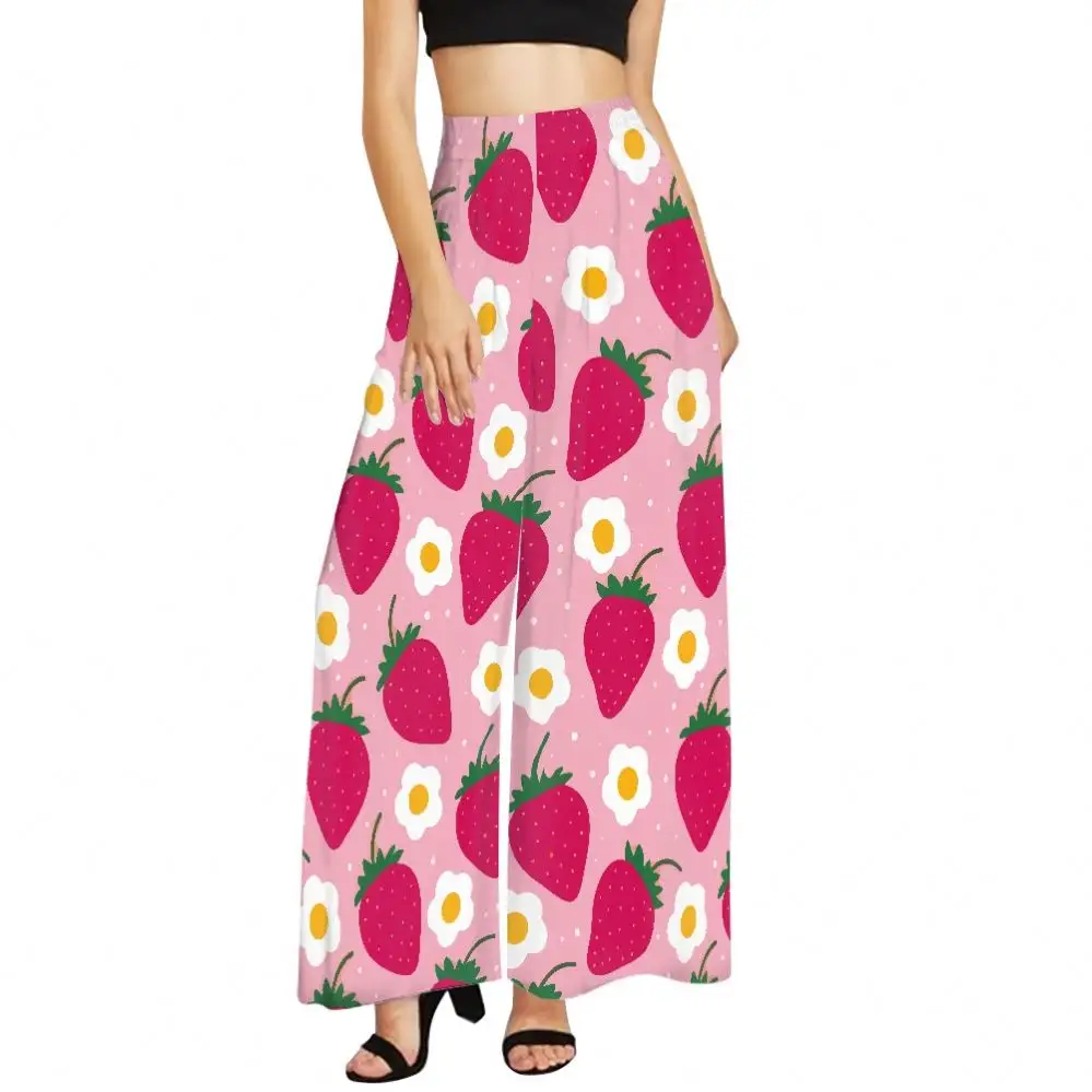 กางเกงทรงหลวมสตรี,กางเกงขาบานเอวสูงพิมพ์ลายผลไม้การ์ตูนสีชมพูกางเกงผ้าชีฟองทรงหลวมขากว้าง
