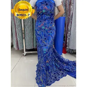 China fabric supplier royal blue embroidery flower sequins tulle laces dress latest african lace 2022
