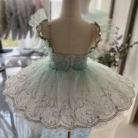 Gaun Tutu Balet Hijau Mint untuk Anak, Berhias Renda & Payet dengan Lengan Tulle Mengembang, Tutu Pancake Profesional untuk Anak Perempuan