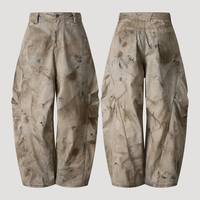 Pantalon cargo vintage délavé jaune boue pour homme, coupe banane, effet vieilli, teinture sale, jambe large et ample, vente en gros