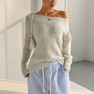 Schulterfreie <span class=keywords><strong>Wei</strong></span>ß<span class=keywords><strong>e</strong></span> Gerippte <span class=keywords><strong>Strickpullover</strong></span> für Damen, Lässige Streetwear, Lockere Oberteile, Herbst Warme Sexy Slouchy Pullover, Strickwaren - Product Image 1