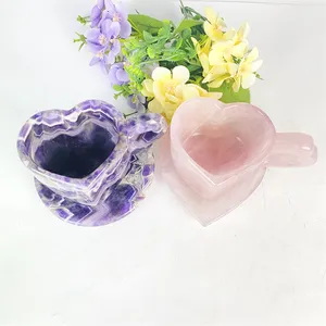 Newest Crystal Wedding Gift Natural Rose Heart Shape Cup Hot Selling Hand Carved Craft Crystal Dream Amethyst Heart Cup for Gift