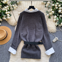 Robe Mini en Maille Effet Deux Pièces Style Preppy Automne 2026 pour Femme, Coupe Slim Moulante, Robe de Bureau avec Ceinture