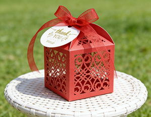 Red Hollow Out Favor <b>Box</b> Made Of Pearlescent Cardboard With Laser Engraving And Organza Ribbon Exquisite - Product Image 3