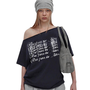 Off-Shoulder <b>Distressed</b> Graphic Knitted Polyester T-Shirt Womens Casual Regular Fit Fashion Streetwear Patchwork Logo <b>Top</b> - Product Image 1