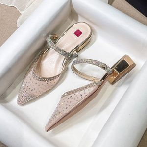 Size 31-43 Low 3CM <b>Block</b> Pointy Toe Sandals RTS Product Mesh Pumps Champagne Luxury Heels for Woman - Product Image 2