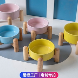 Shuo Ni <b>Ceramic</b> Pet <b>Bowls</b> With Wooden Stand Raised Feeding Set For Cats And <b>Dogs</b> Blue Color - Product Image 5