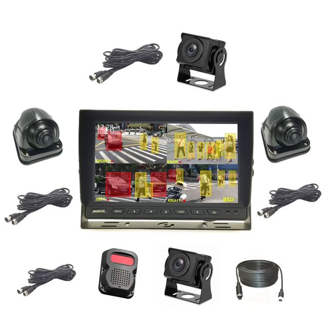 AI Pedestrian Detection 7" IPS Monitor System|BSD Alarm 4CH DVR Recording 1080P Waterproof Camera Kit for Forklift Truck Bus