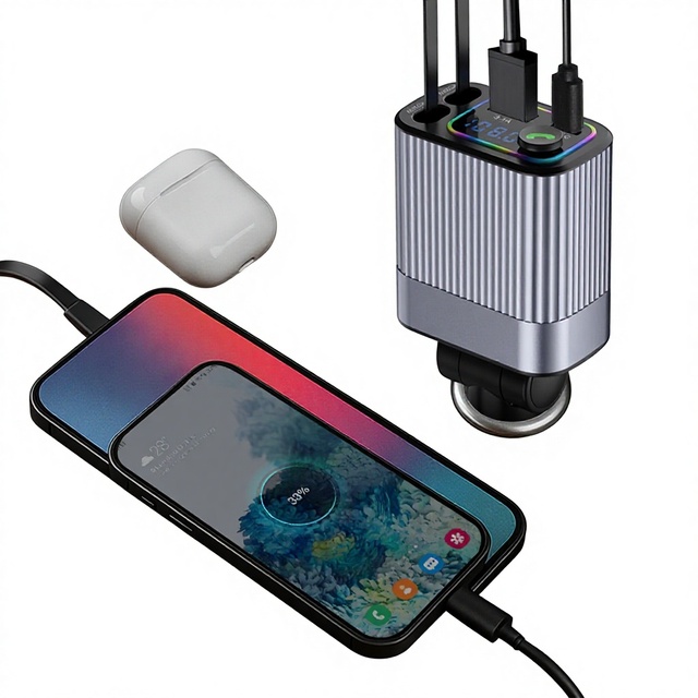 Automotive Charger with Smart Voltage Display & Bluetooth FM Transmitter, Retractable Fast Charge Cables