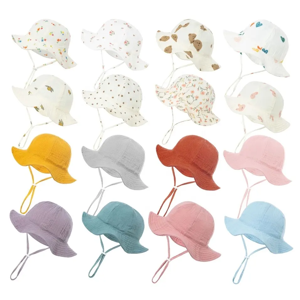 Produk baru 100% katun bayi laki-laki perempuan cetak topi memancing matahari perlindungan UV Sunbonnet balita bayi topi ember untuk tali