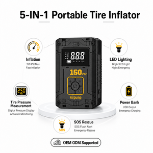 OEM ODM 150PSI Cordless Tire Inflator Portable Air Compressor <b>Pump</b> with Digital Gauge LED Light Power Bank SOS for Car Wholesale - Product Image 2