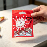 Sacs d'emballage personnalisés en plastique souple pour leurres de pêche, appâts et hameçons, avec fenêtre transparente, fermeture éclair et trou Euro