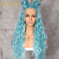 Water Wave Wig Sintetis Panjang Renda Depan, Rambut Palsu Biru Muda untuk Pesta Wanita Tarik Cosplay Ratu Hadiah Suhu Tinggi Harian Pernikahan