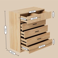 Commode compacte 5 tiroirs avec 6 tiroirs à façade ondulée, résistante aux rayures, grade E1, poignées métalliques, base.