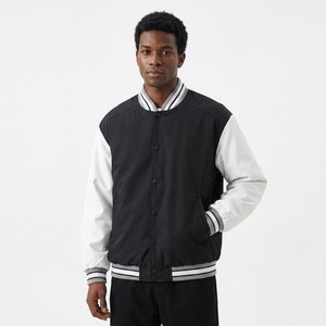 Custom <b>Men's</b> <b>Leather</b> Varsity <b>Jacket</b> Two Tone Bomber Style Stand Collar Button Front Embroidered Logo Loose Fit Winter Patchwork - Product Image 1