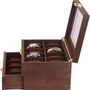 Caja de almacenamiento de relojes de madera maciza de doble capa con tapa de cristal y cajón para organizar joyas 29x21,5x15cm - Product Image 3