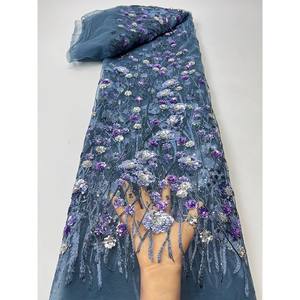 Ancho 125 cm piel flores brillantes lentejuelas bordado cuentas malla nigeriana tela pesada tul encaje tela para vestido de novia - Product Image 3