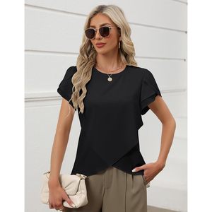 Womens Chiffon Blouse Flutter Sleeve <b>Asymmetric</b> <b>Top</b> Work Casual Summer Shirt - Product Image 5