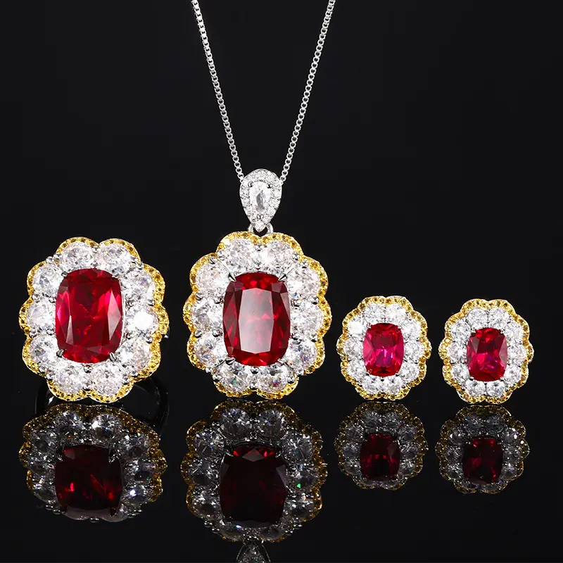 Custom Fashion Jewelry Brass Gold Plated Red Corundum Jewelry Sets Women High Quality Vintage Necklace Earring Ring Jewelry Sets