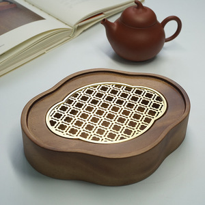 Walnut Wood Copper Teapot Holder 18x14x4cm Traditional Chinese <b>Tea</b> <b>Set</b> Dry Brewing Base Office Study Use - Product Image 1