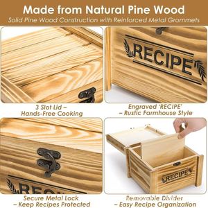 Wooden Square Recipe <b>Box</b> Solid Wood Flip Top Lockable <b>Kitchen</b> Desktop Organizer <b>Storage</b> For Cards And Recipes - Product Image 4