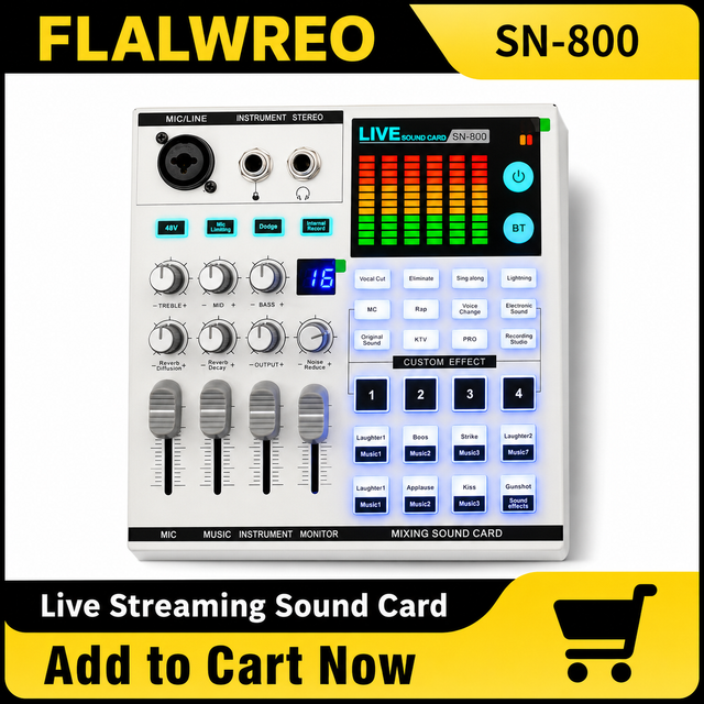 FLALWREO 48V Professional Live Streaming Sound Card Audio Mixer with Bluetooth 5.0, OTG, DSP Noise Reduction and Voice Effects